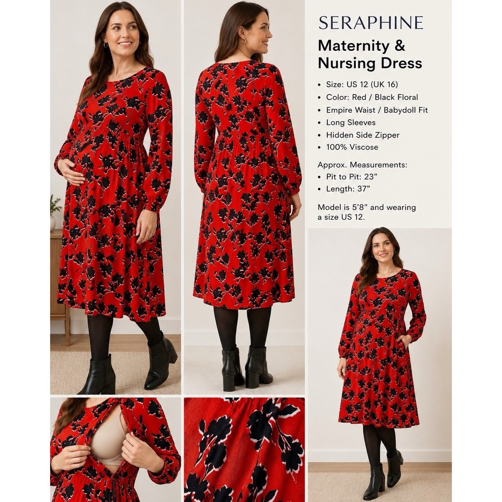 Seraphine Maternity Dress Women's US 12 Red Floral Long Sleeve Babydoll Midi #50